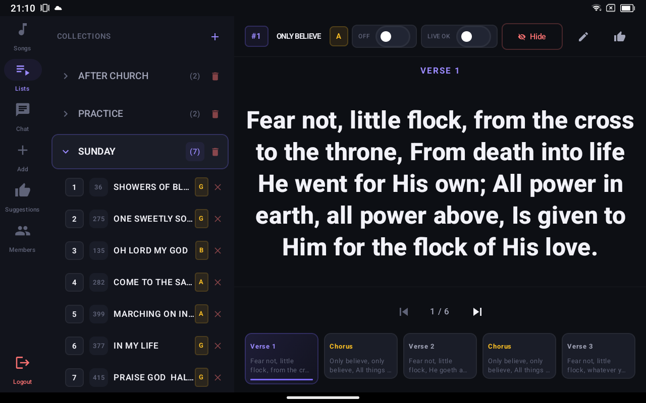 Hymnify Controller - Songs view with projection